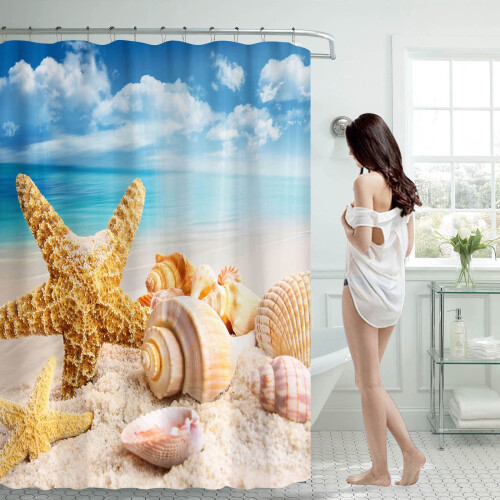Εκπτώσεις! Κουρτίνα μπάνιου Ocean Beach 70x70 ιντσών με 12 πλαστικούς γάντζους, αδιάβροχη, 1