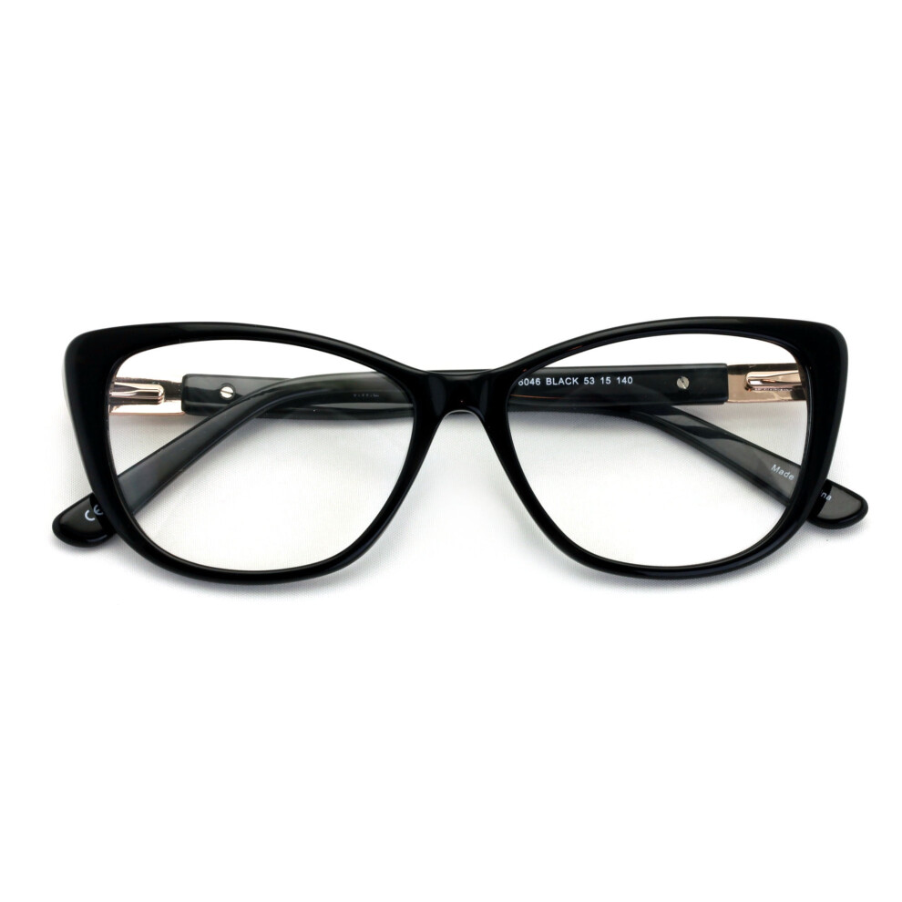 Gold Women Premium Acetate Big Lens Cateye Reading Glasses - Fun Cat Eye Clear Lens Readers - Metal Accent