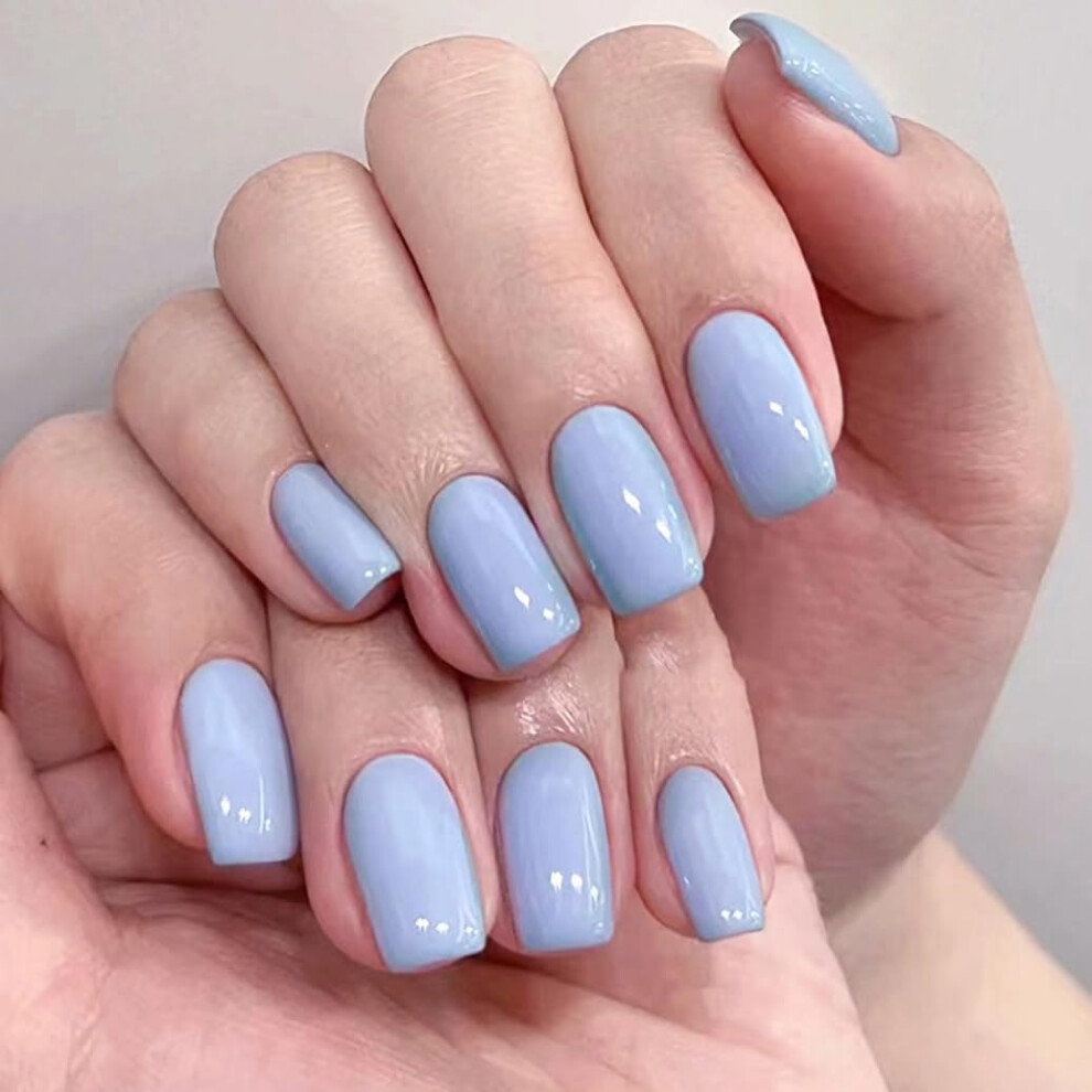 Medium Light Blue Square Glossy Press On Nails Acrylic Fake Nails with Glue 24pcs Multiple Sizes