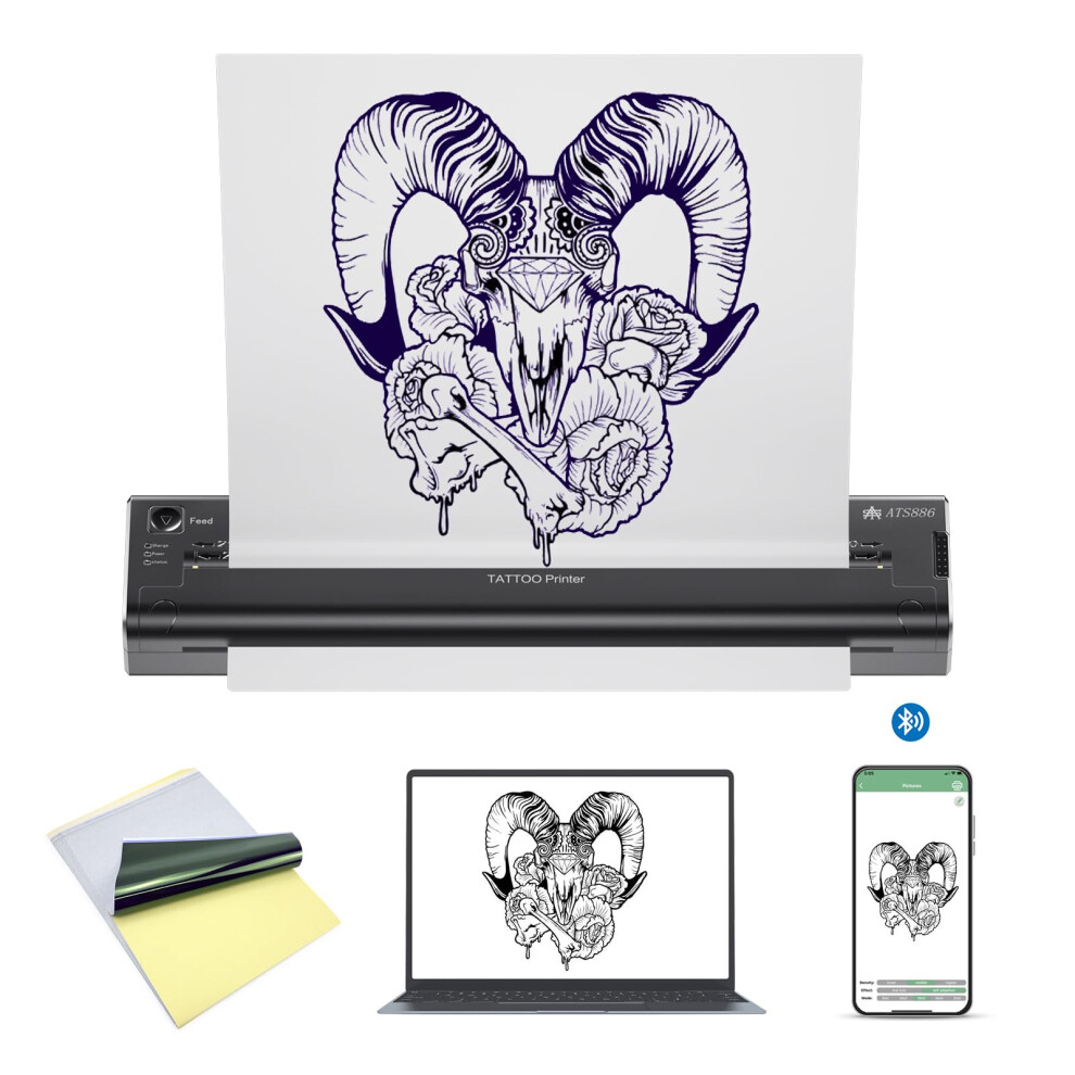 Wireless Tattoo Printer Bluetooth Stencil Copier with 15 Transfer Papers, Smart App Control Rechargeable