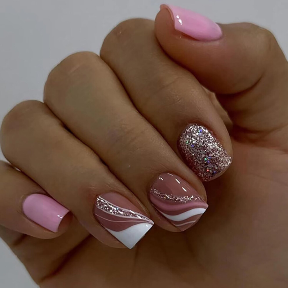 24Pcs Short Square Press on Nails Pink Glitter Fake Nails Reusable Acrylic Nail Kit for Women