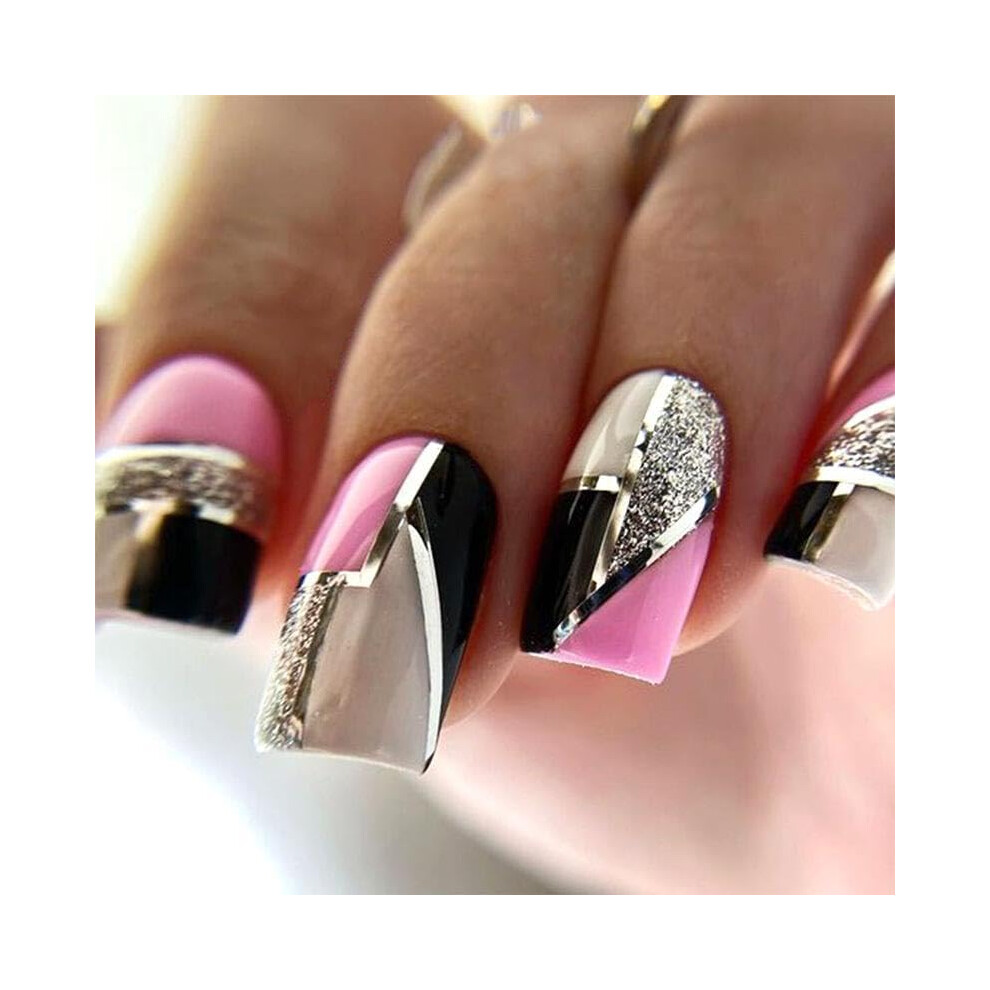 Black and Silver Short Square Press On Nails with Glue, Glitter Swirl Acrylic Fake Nails for Women