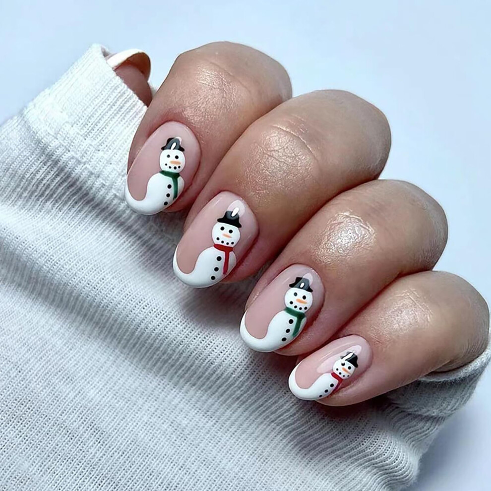 Christmas Press On Nails Short Oval Nude Acrylic with Snowman Design, Reusable Holiday Fake Nails