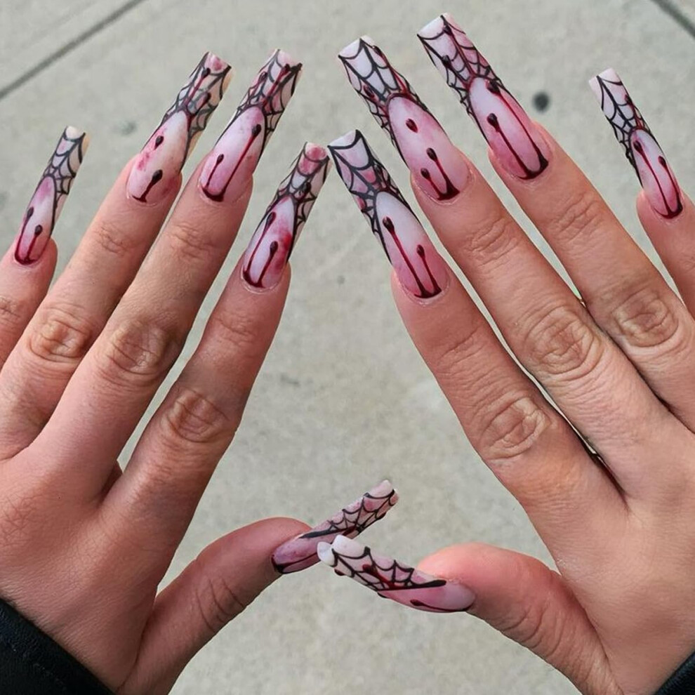 Halloween Press On Nails Coffin Black White French Tip with Spider Web and Blood Design 24pcs