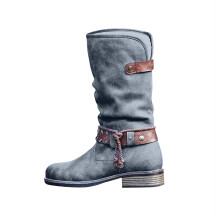 Botas de invierno cálidas de gamuza con cuerda, estilo étnico, para mujer, con tacón bajo y cremallera lateral.