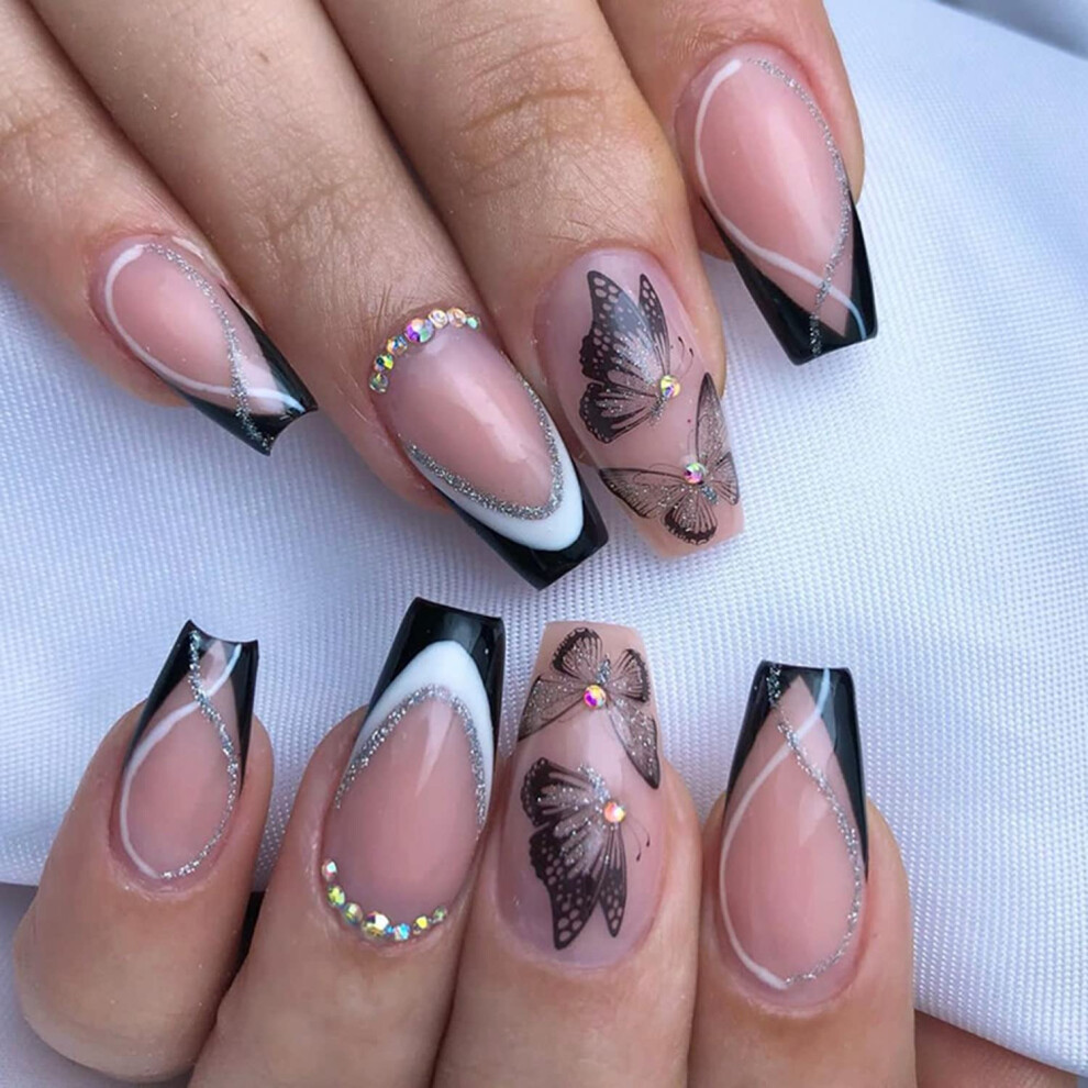 Cream Butterfly Coffin Press On Nails Nude Acrylic Fake Nails With Rhinestones Glossy Medium Length 24Pcs