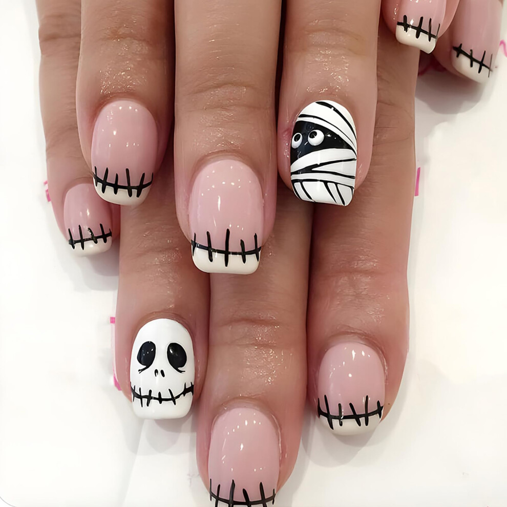 Halloween Press On Nails Short Square French Tip Fake Nails Mummy Skull Design 24Pcs Long Lasting
