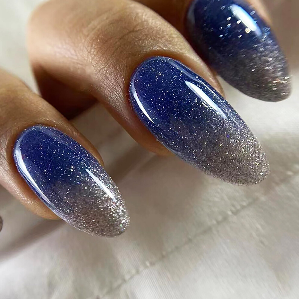 Blue Almond Shape Press On Nails Â Medium Fake Nails With Glitter Gradient Glossy Finish, 24Pcs