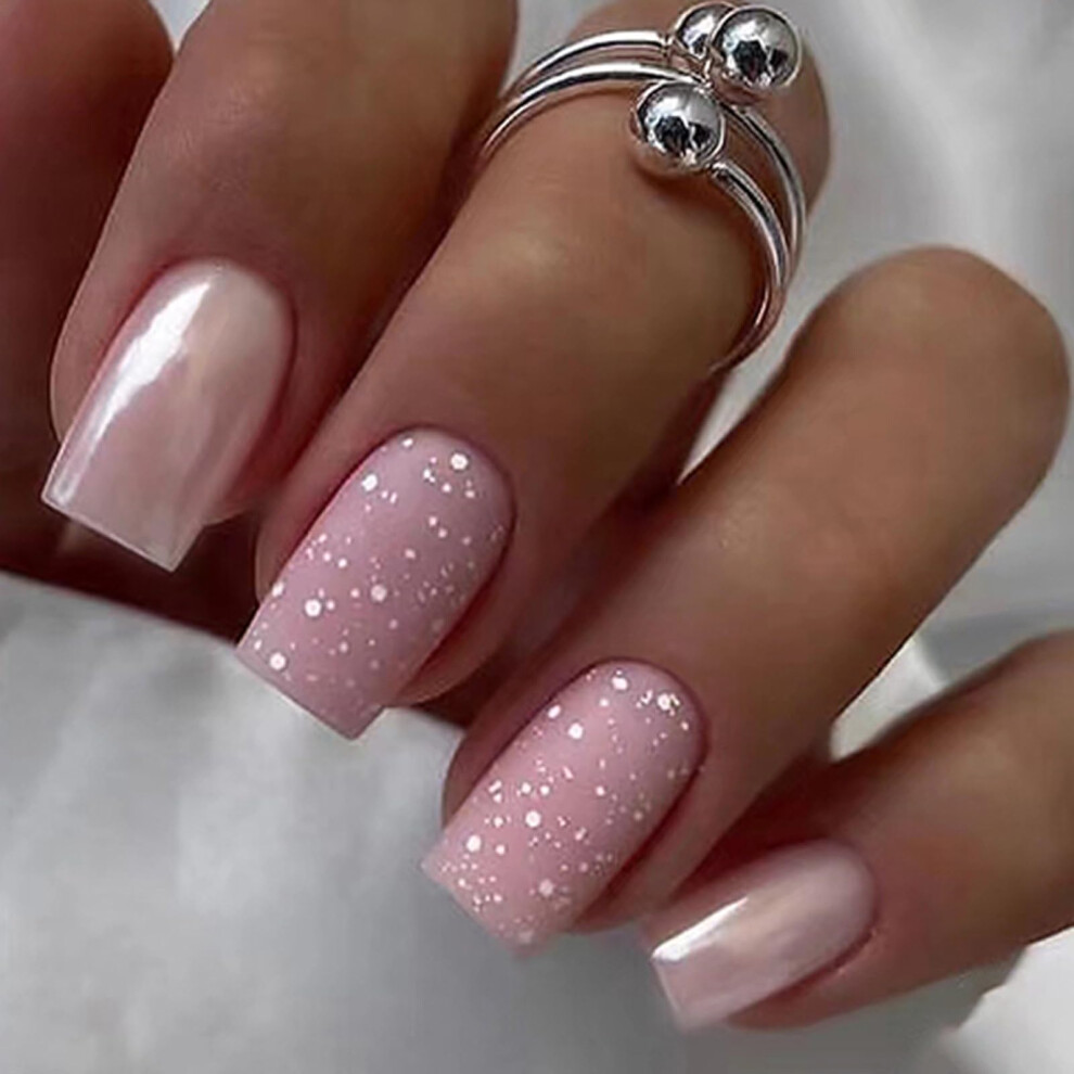 Medium Pink Press on Nails Square Aurora Design False Nails Reusable Acrylic Glue on Nail Tips