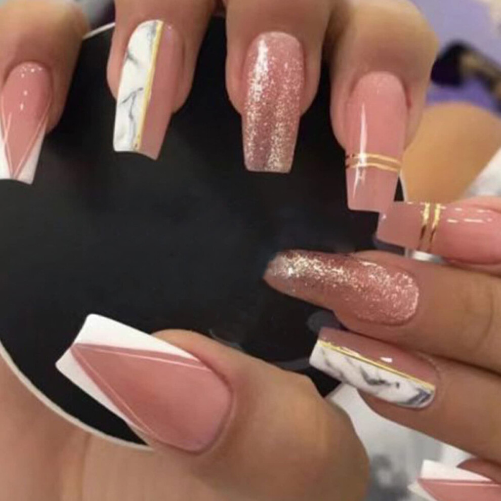 24pcs French Flower Acrylic Press On Nails with Glue Waterproof Full Coverage Fake Nail Tips