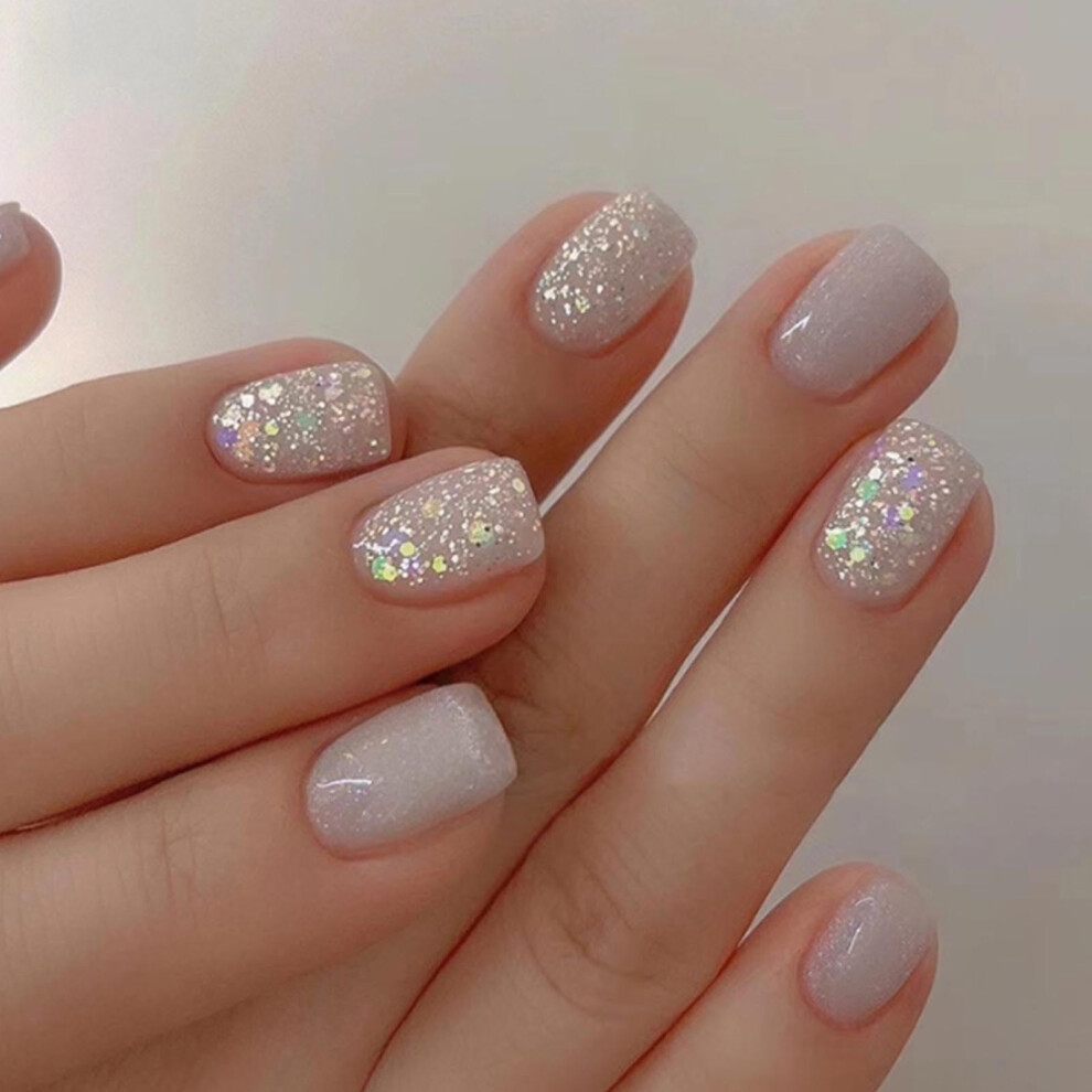 Cream Short Square Press On Nails Nude Bling False Nails Instant Manicure 24Pcs For Women And Girls
