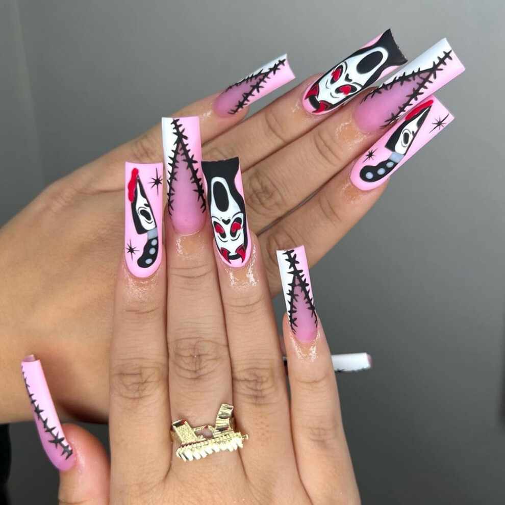 Pink 24Pcs Halloween Coffin Press On Nails Ghost Long Coffin False Acrylic Nails For Women