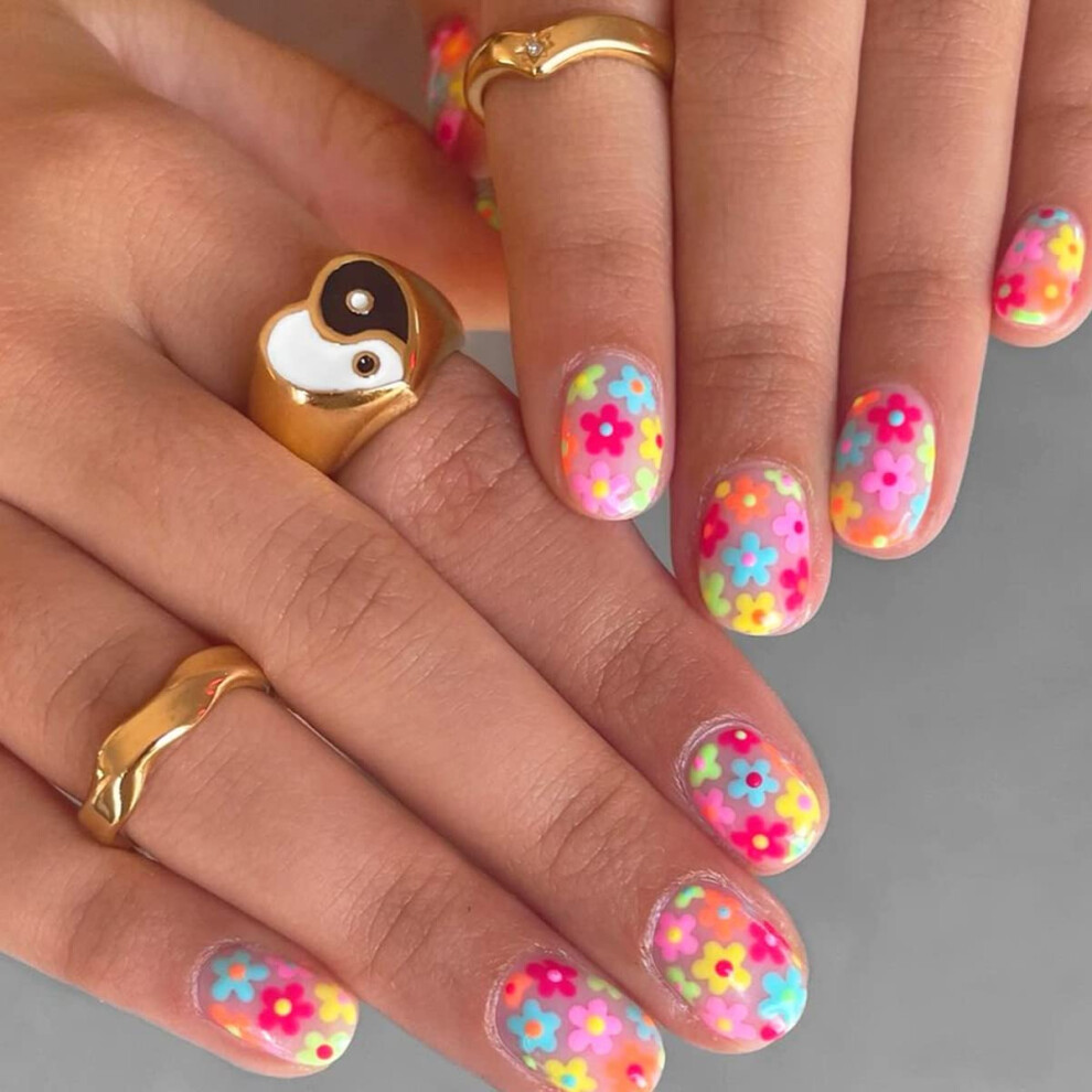 Short Square Press On Nails Kit, Summer Flowers Fake Nails with Glue, SalonQuality Glossy Finish