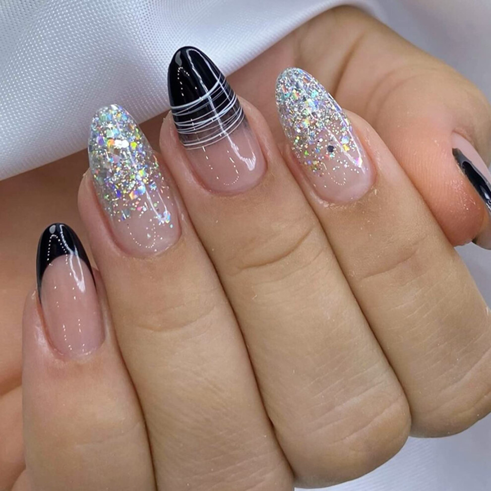 Medium Almond Press On Nails French Glossy Fake Nails with Glitter Full Cover for Women