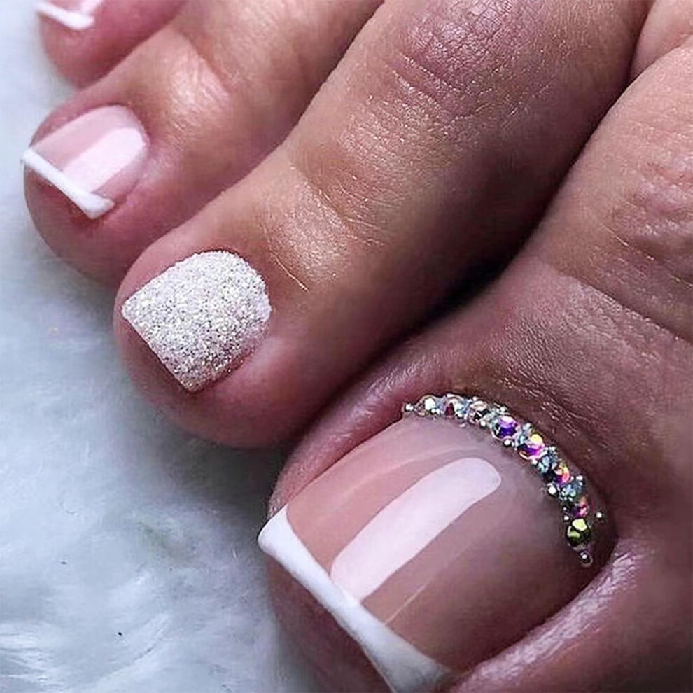 French Tip Press On Toenails Pink Square with Rhinestone Design Fake Toenails 24Pcs for Women