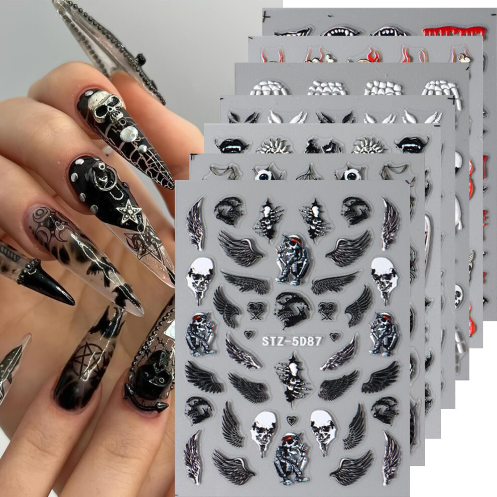 Halloween Nail Art Stickers 5D Embossed Skull Skeleton Decals Set for Spooky DIY Manicure 7 Sheets
