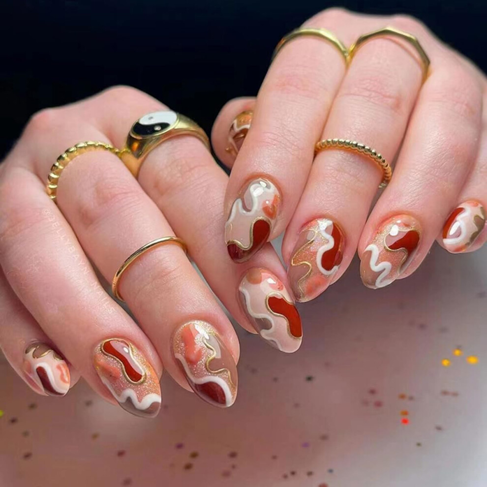 Red Short Almond Press On Nails With Glitter Acrylic Fake Nails Kit With Glue For Women 24Pcs