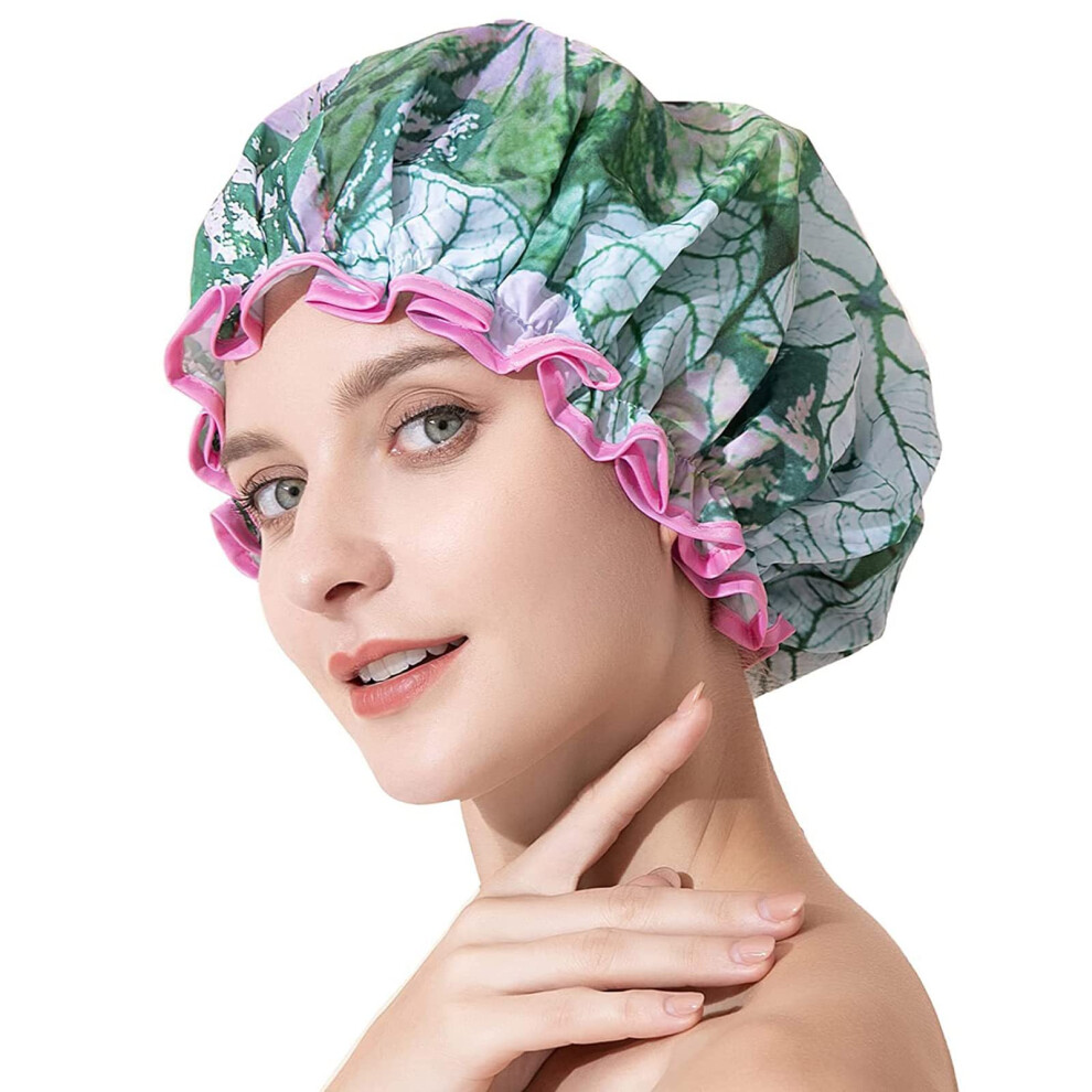 Waterproof Shower Cap for Women with Satin Lining, Reusable Hair Bonnet, Soft Elastic Comfort Fit