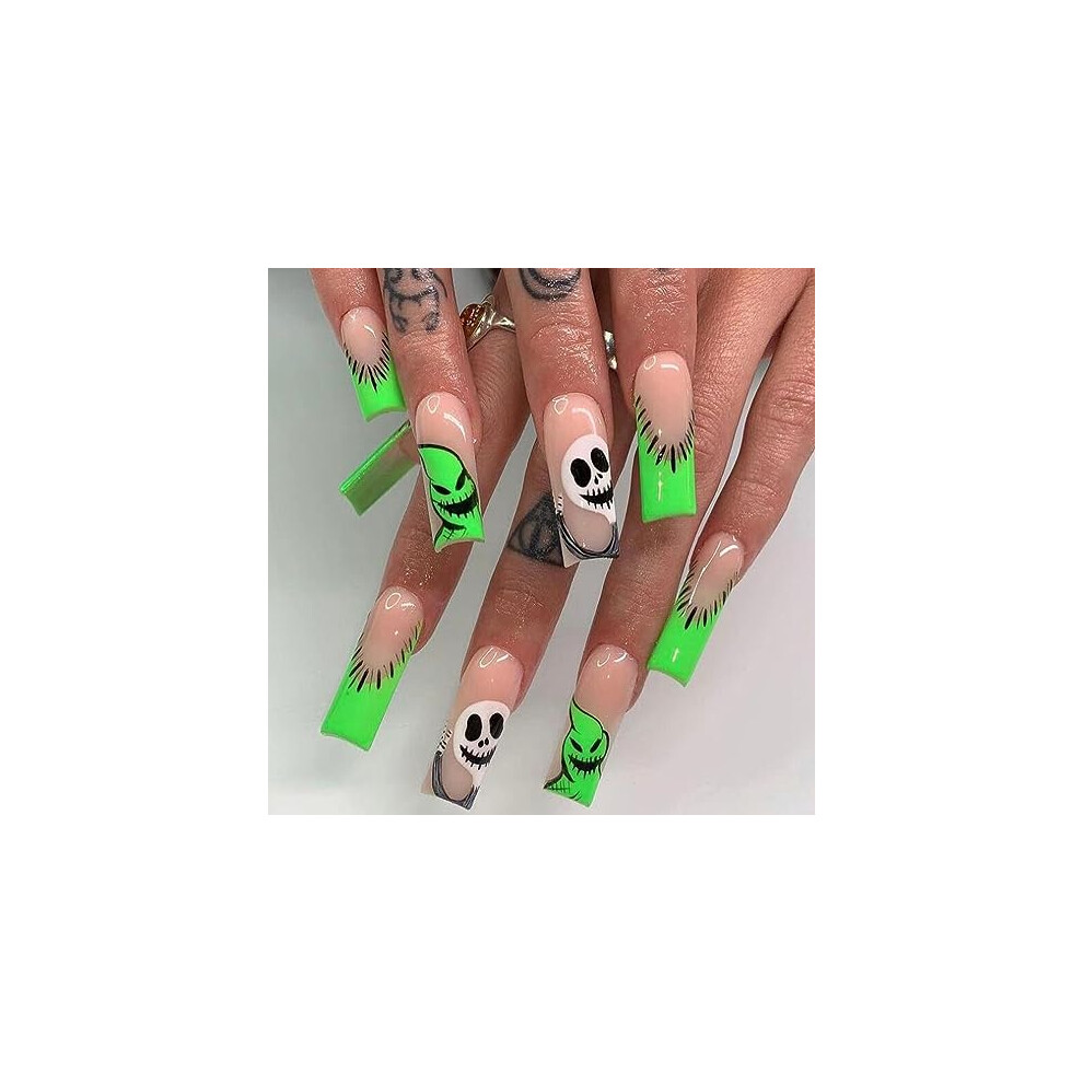 Green Halloween Press On Nails Set Long Coffin Ghost Skull Design Full Cover Fake Nails 24Pcs