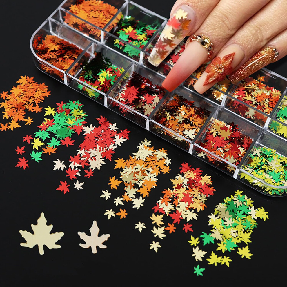12 Colors Maple Leaf Nail Art Glitter Sequins Autumn Fall Decorations for Acrylic and Gel Nails