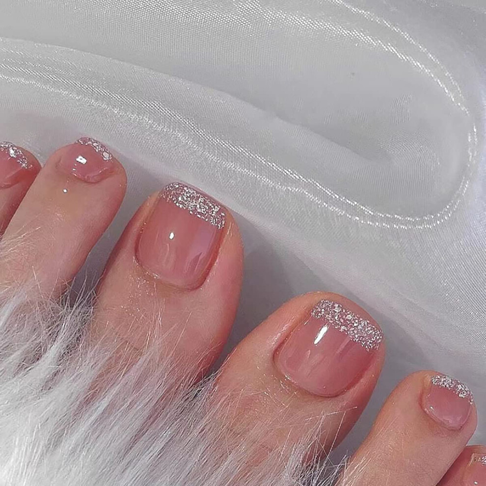 French Press On Toenails with Rhinestones, Square Acrylic False Toenail Set, 24pcs for Women