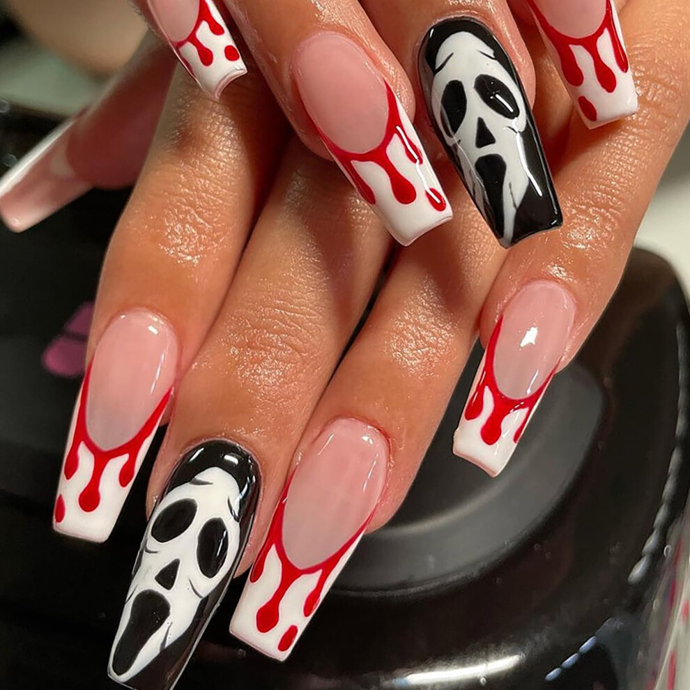 Long Coffin Press on Nails with Glue Halloween Fake Nails Ghost Spider Web Design for Women