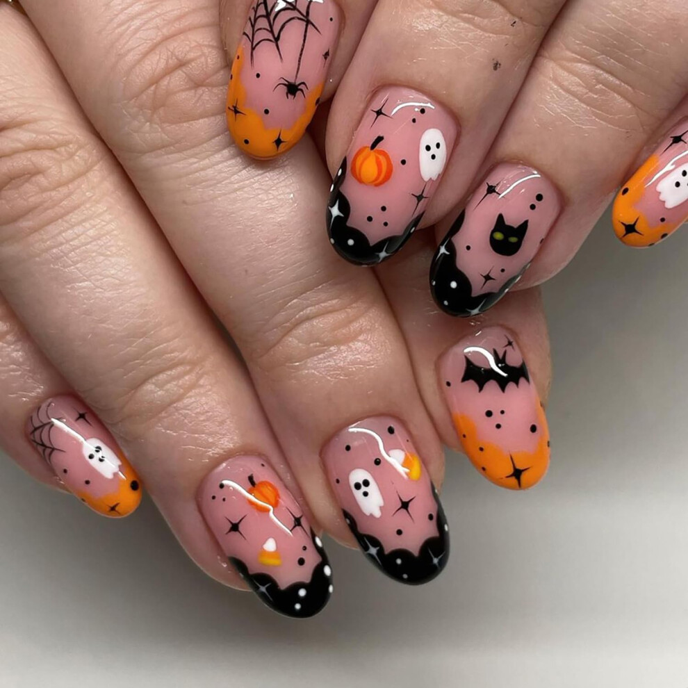 Halloween Press On Nails Acrylic Fake Nails Short Almond Ghost Pumpkin Bat Design 24Pcs