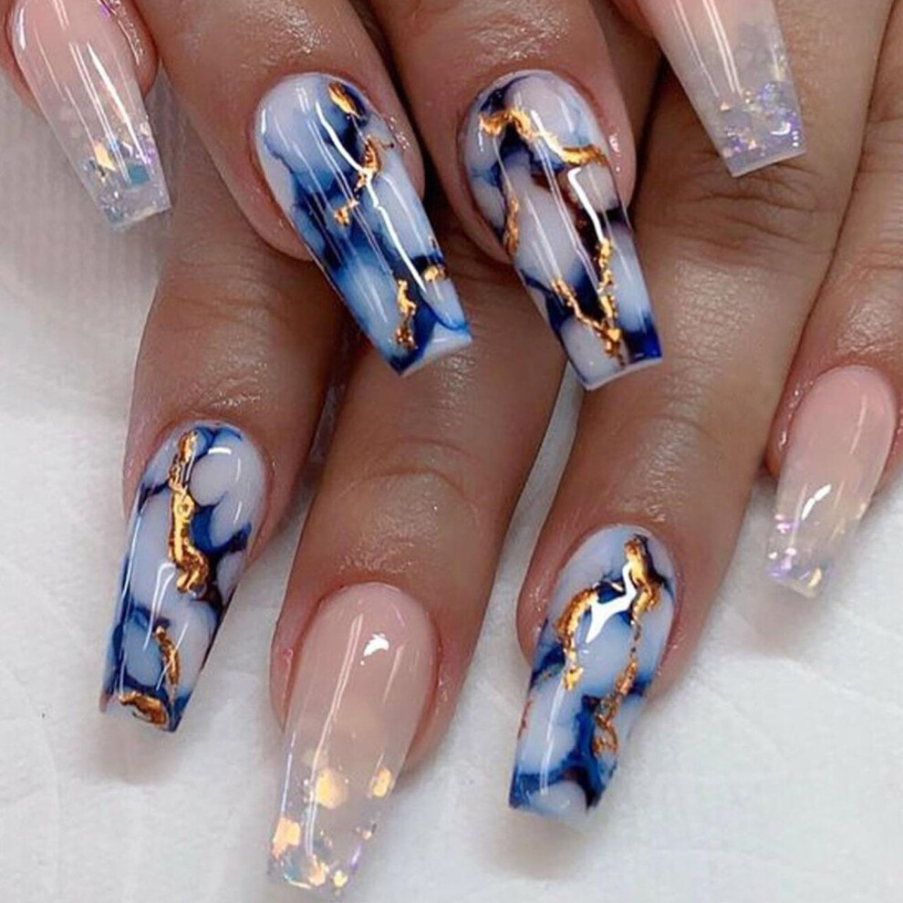 Blue,Cream Coffin Press On Nails Blue Marble And Sequins Medium Length Fake Nails Nude Glossy Full Cover 24Pcs