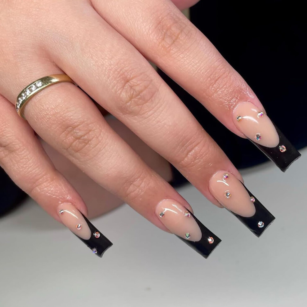 Black,Cream Press On Nails French Tip Medium Square Black And Nude With Rhinestones 24Pcs Glossy Acrylic Fake Nails