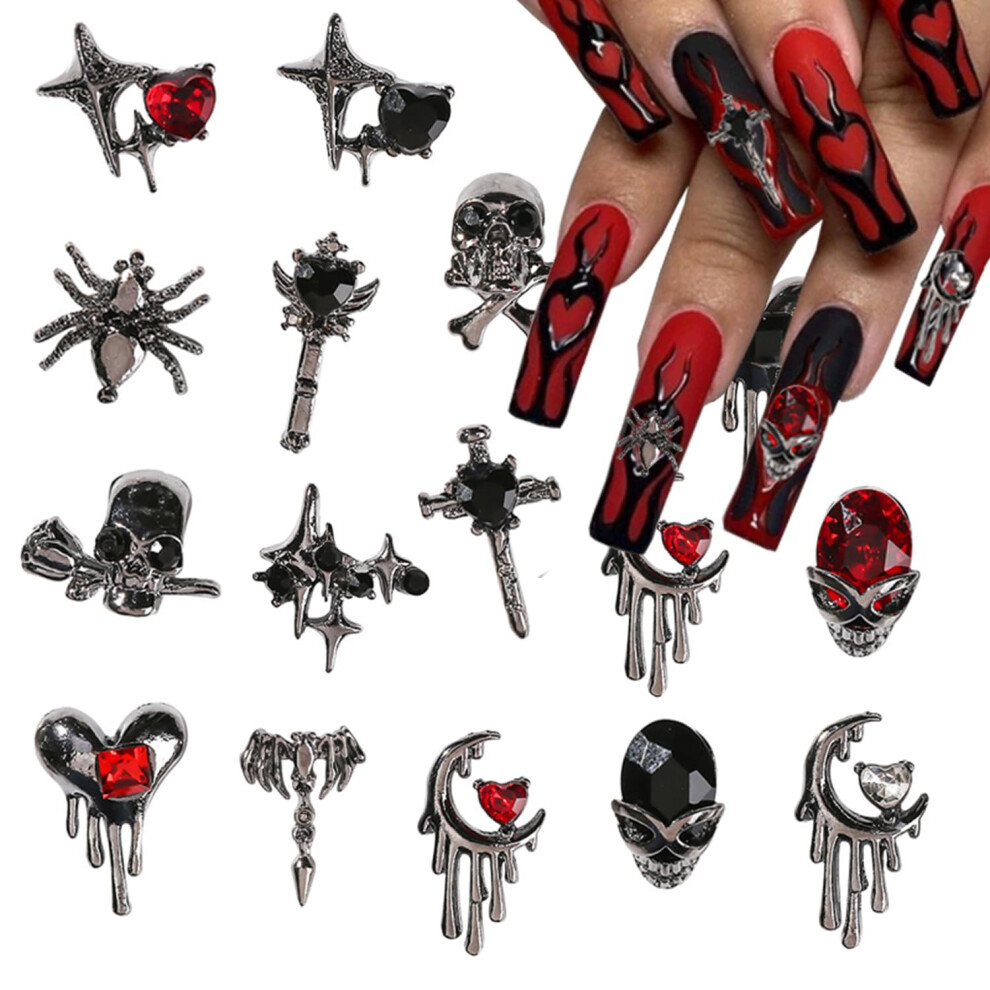 Dark/Black Halloween Nail Charms For Acrylic Nails 16Pcs 3D Gothic Spider Skull Nail Art Decorations With Rhinestones