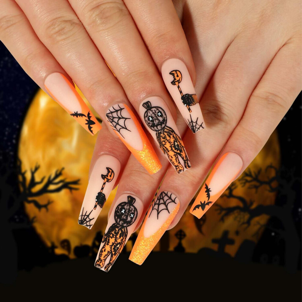 Halloween Press on Nails Long Coffin Orange Glitter French Fake Nails with Pumpkin Spider Designs 24Pcs