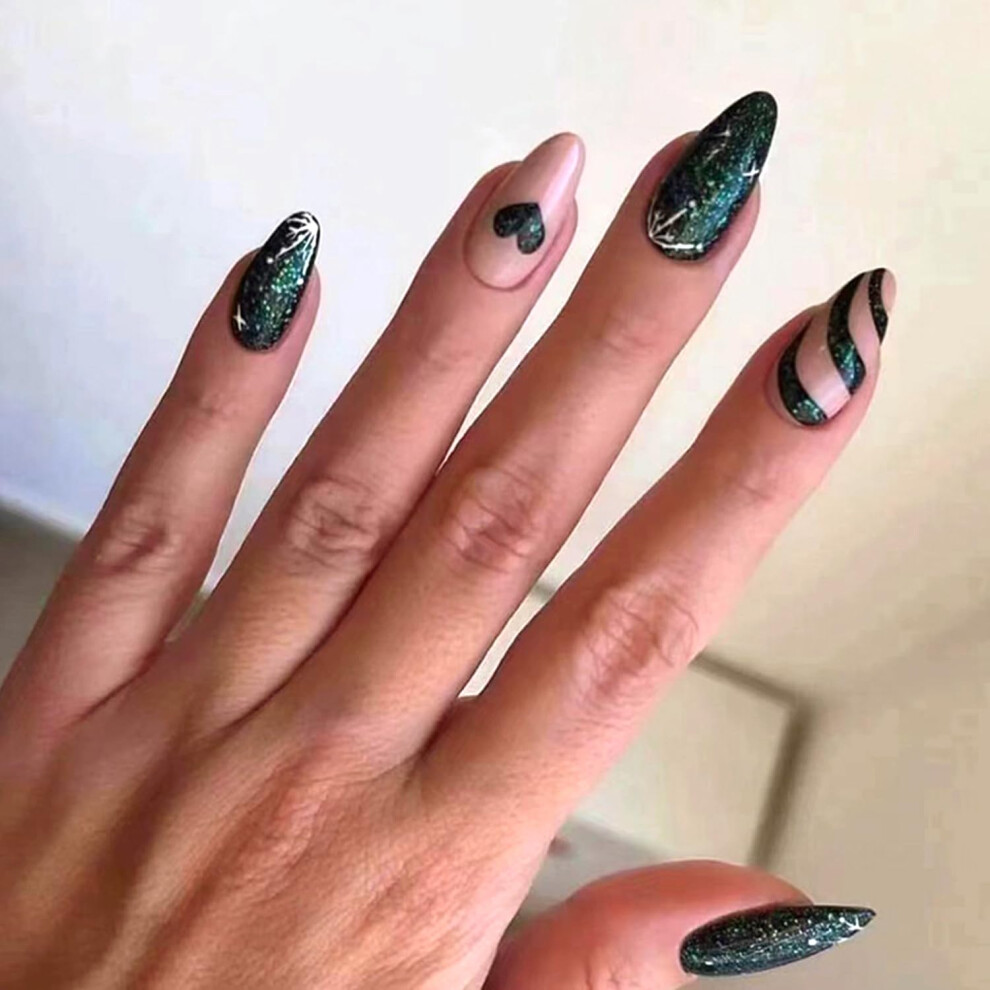 Green Dark Glitter Press On Nails With Heart Design, Long Oval Acrylic Fake Nails, Reusable With Glue