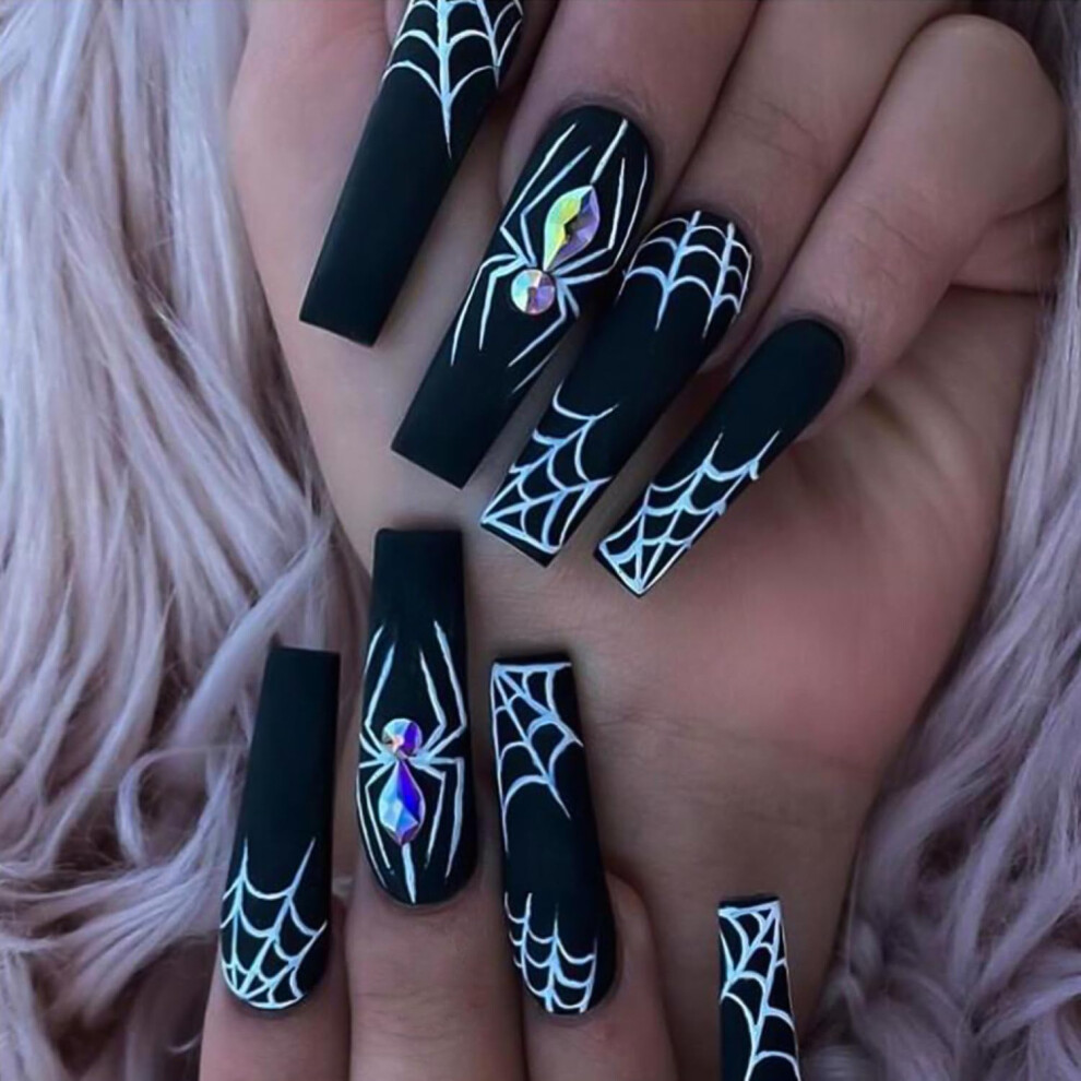 Black Halloween Coffin Press On Nails With Spider Web, Matte Acrylic Fake Nails For Women 24Pcs