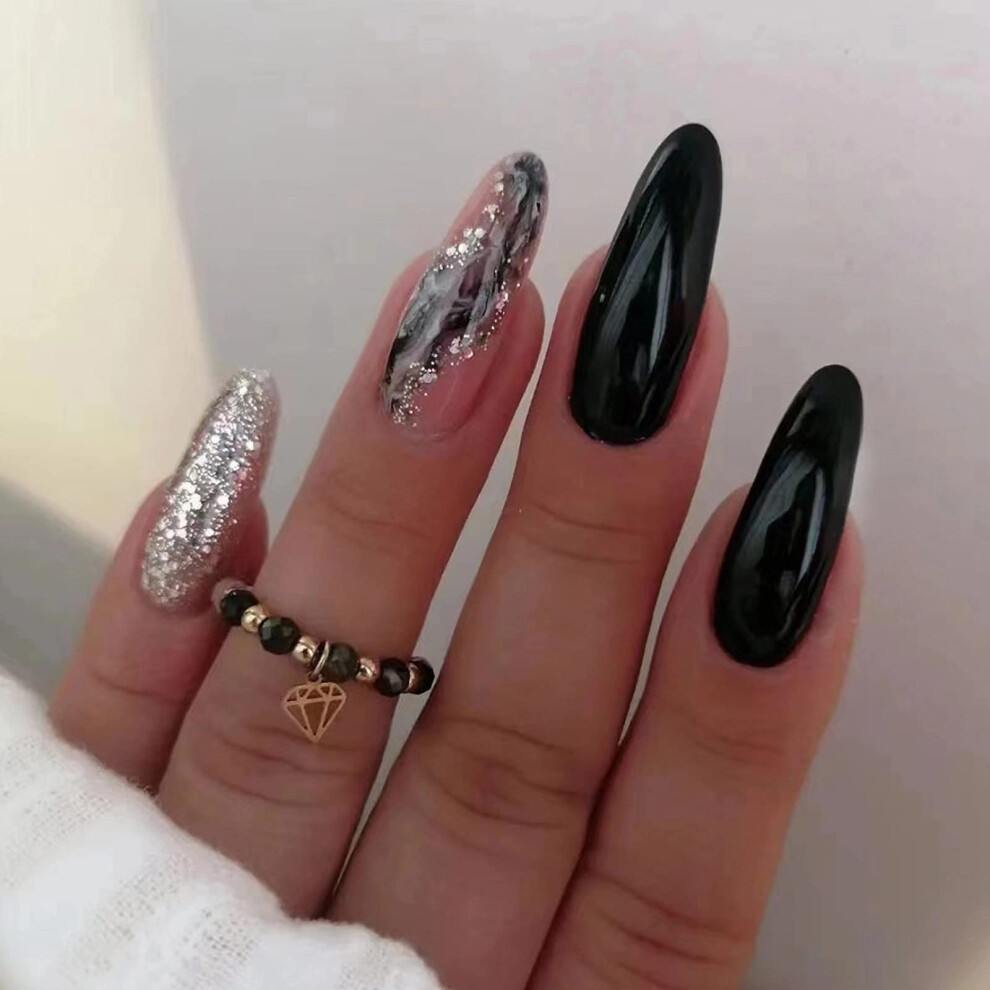 Medium Almond Press on Nails Black Glitter Fake Nails 24pcs Instant Salon Look Elegant Shape