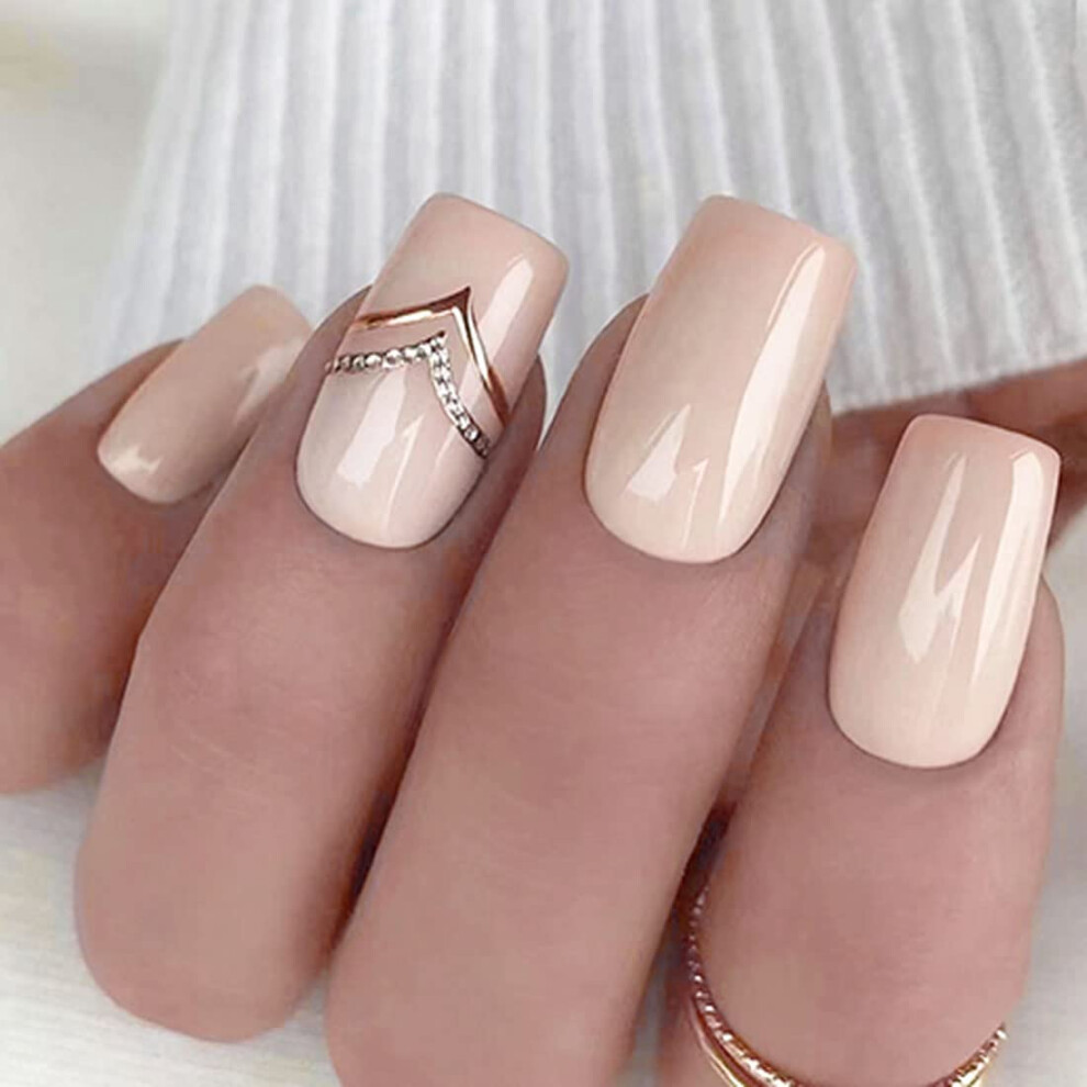 24pcs Champagne French Tip Press On Nails Medium Square Glitter Rhinestone Fake Nails with Glue