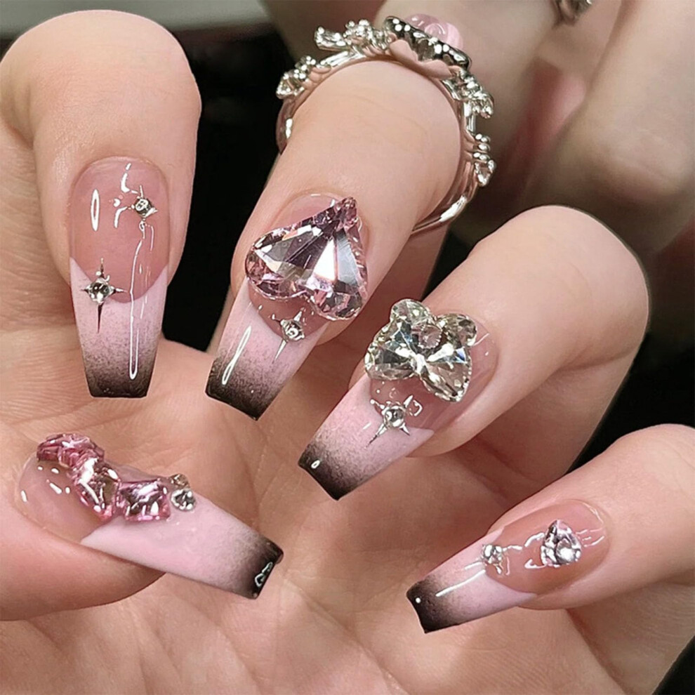 Pink 24Pcs Coffin Press On Nails With Rhinestones, Medium Glossy French Acrylic False Nail Set