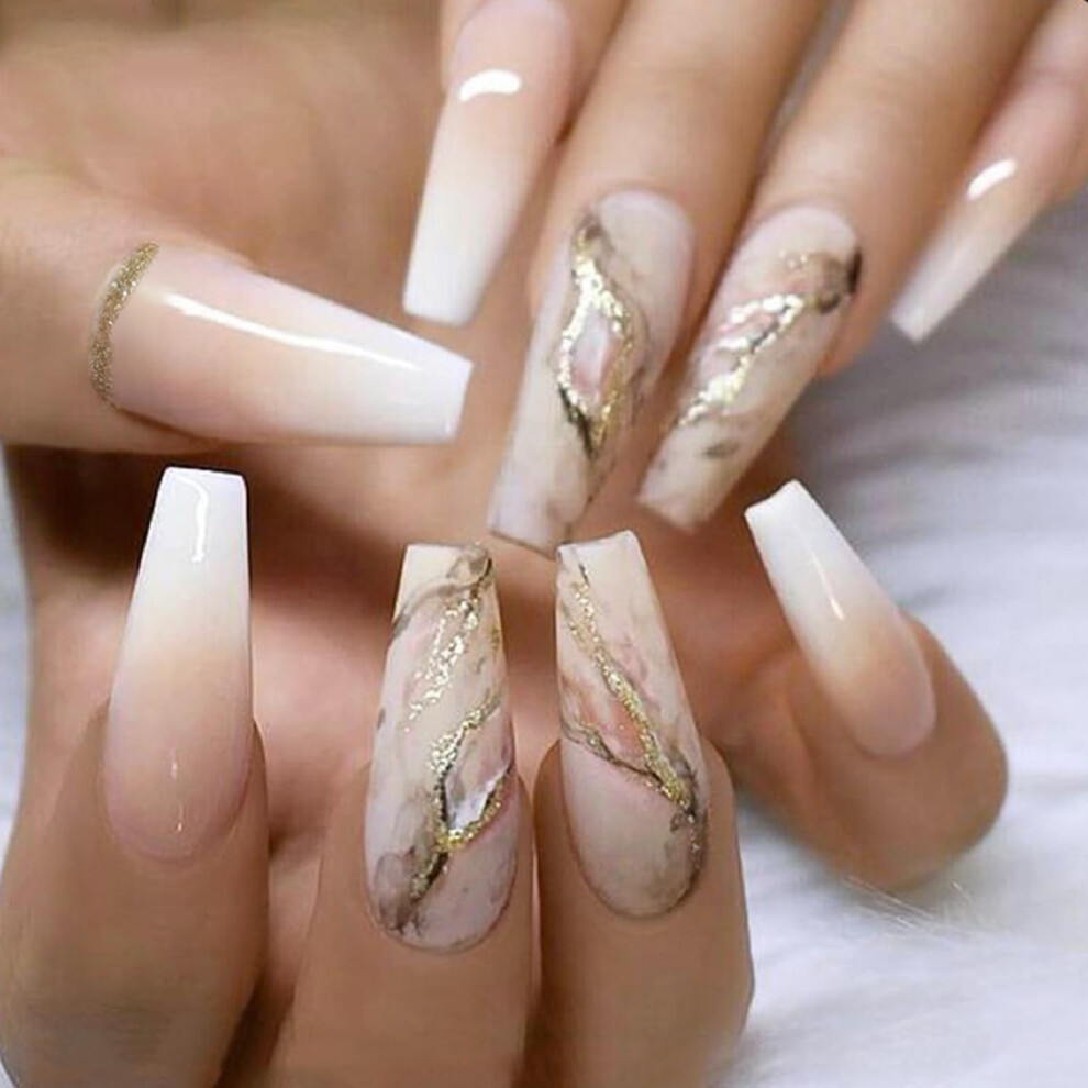 Cream,Gold 24Pcs Long Coffin Press On Nails Nude Marble Glossy With Gold Foil Easy Salon Manicure For Women