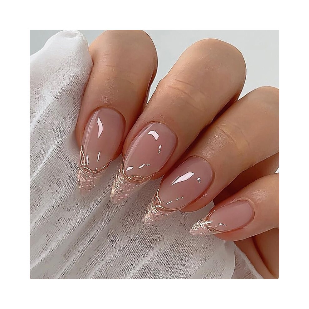 Pink,Cream Long Almond Press On Nails Pink Nude French Tip Glitter Gradient Fake Nails Acrylic 24Pcs