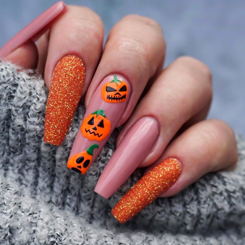 Halloween Long Coffin Press On Nails 24pcs, Pumpkin Ghost Design Glitter Acrylic Fake Nail Set