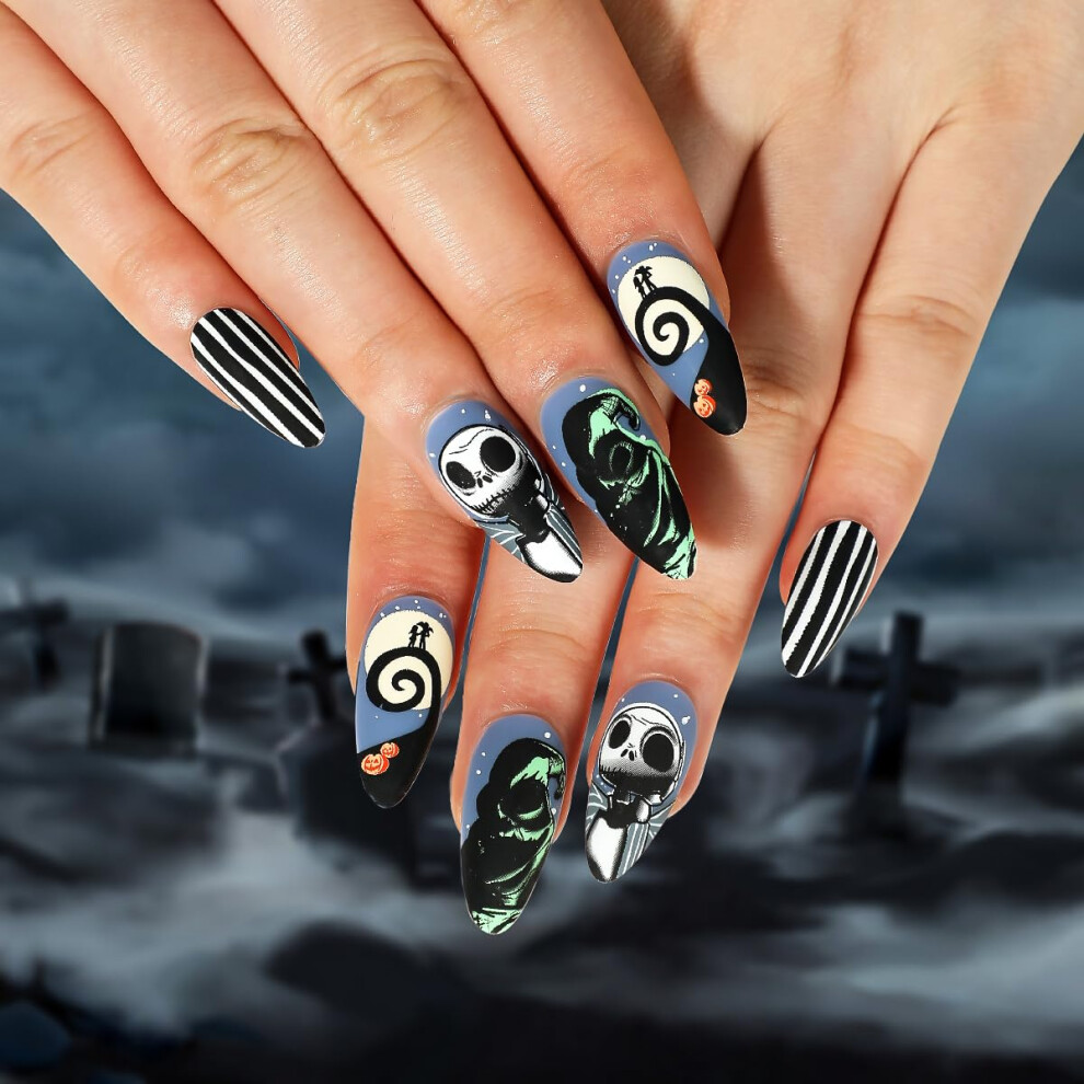 Halloween Press On Nails with Skeleton Design, Medium Almond Shape Acrylic Fake Nails, 24pcs Set