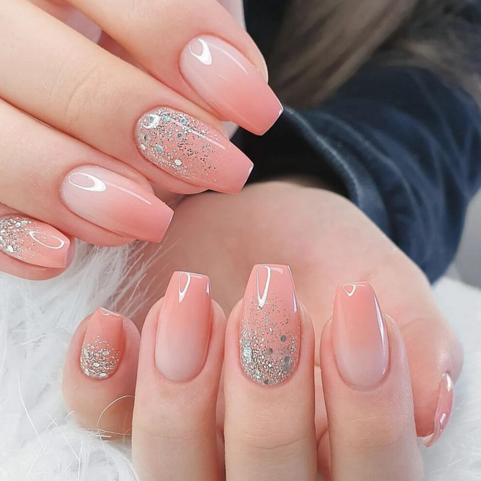 Pink Coffin Press On Nails With Glitter French Gradient Glossy Acrylic False Nails Kit 24Pcs
