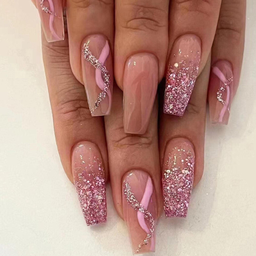Long Coffin Press On Nails Bling Acrylic False Nails Set with Jelly Glue, 24PCS Reusable Tips