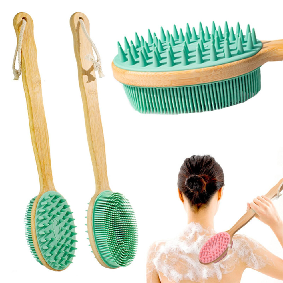 Green Silicone Back Scrubber With Long Handle And Massage Nodules For Shower Exfoliation, 2 Pack