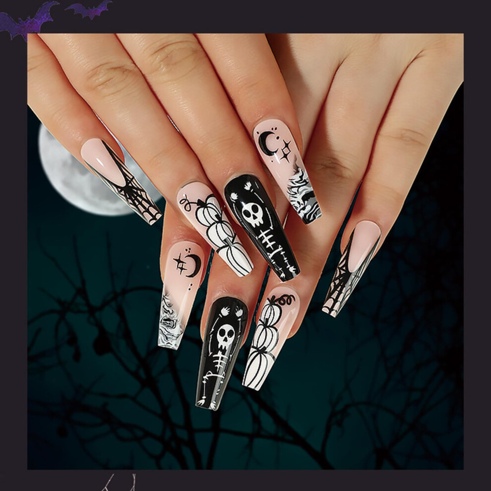Halloween Press On Nails Long Coffin Fake Acrylic Nails Skeleton Pumpkin Spider Web 24pcs