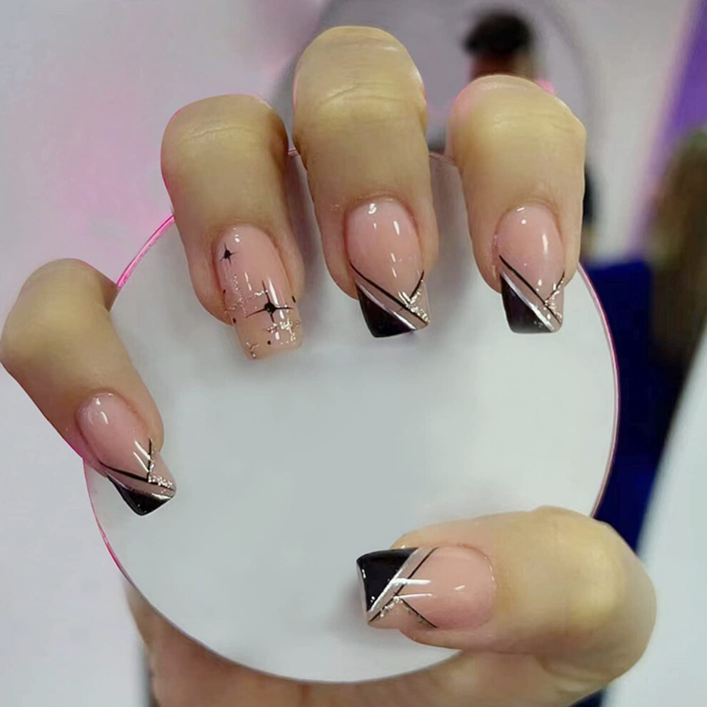 24pcs Black French Tip Press On Nails Medium Square Glitter Nude False Nails with Glue