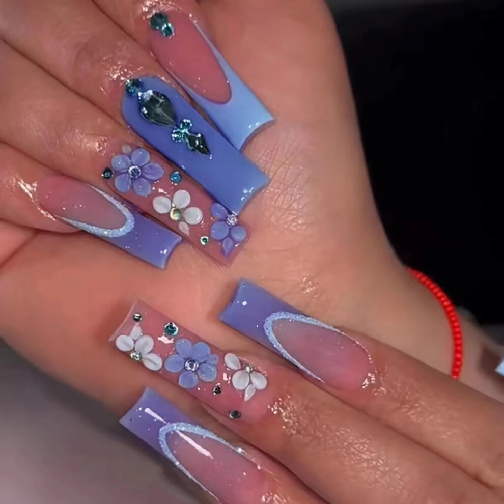 Purple French Tip Press On Nails Long Fake Nails With Flowers And Rhinestones, 24Pcs Squoval Set