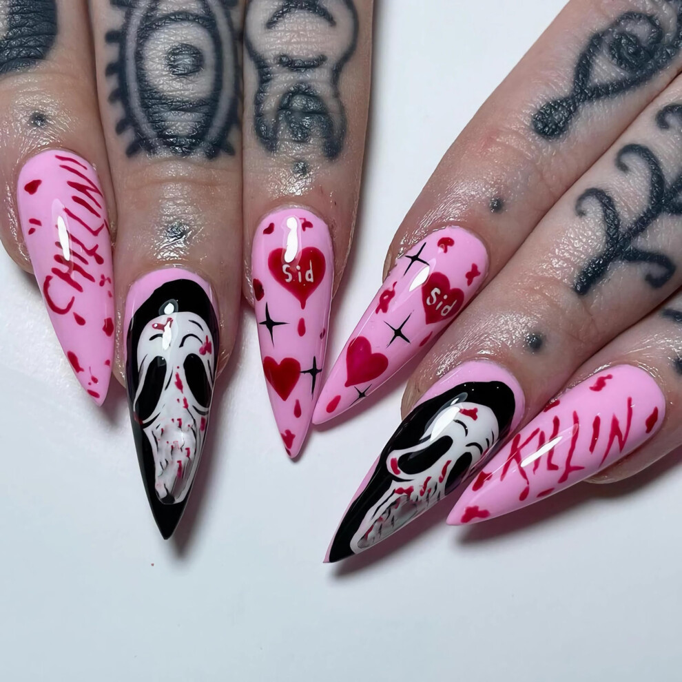 Pink,Black Long Stiletto Press On Nails Pink Heart Black Skull Halloween Gothic Acrylic False Nails 24Pcs