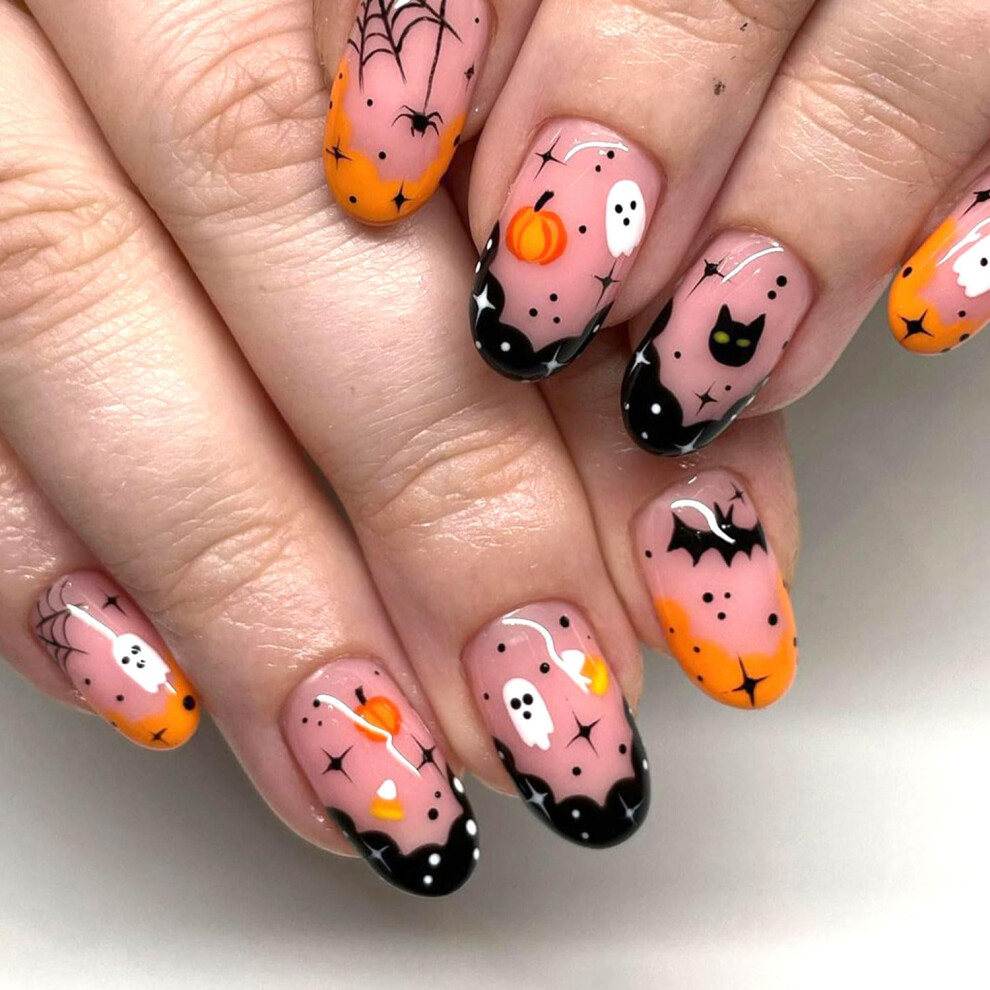 Pink,Cream Halloween Press On Nails Short Almond Nude Pink 24Pcs Glossy Acrylic False Nails For Women