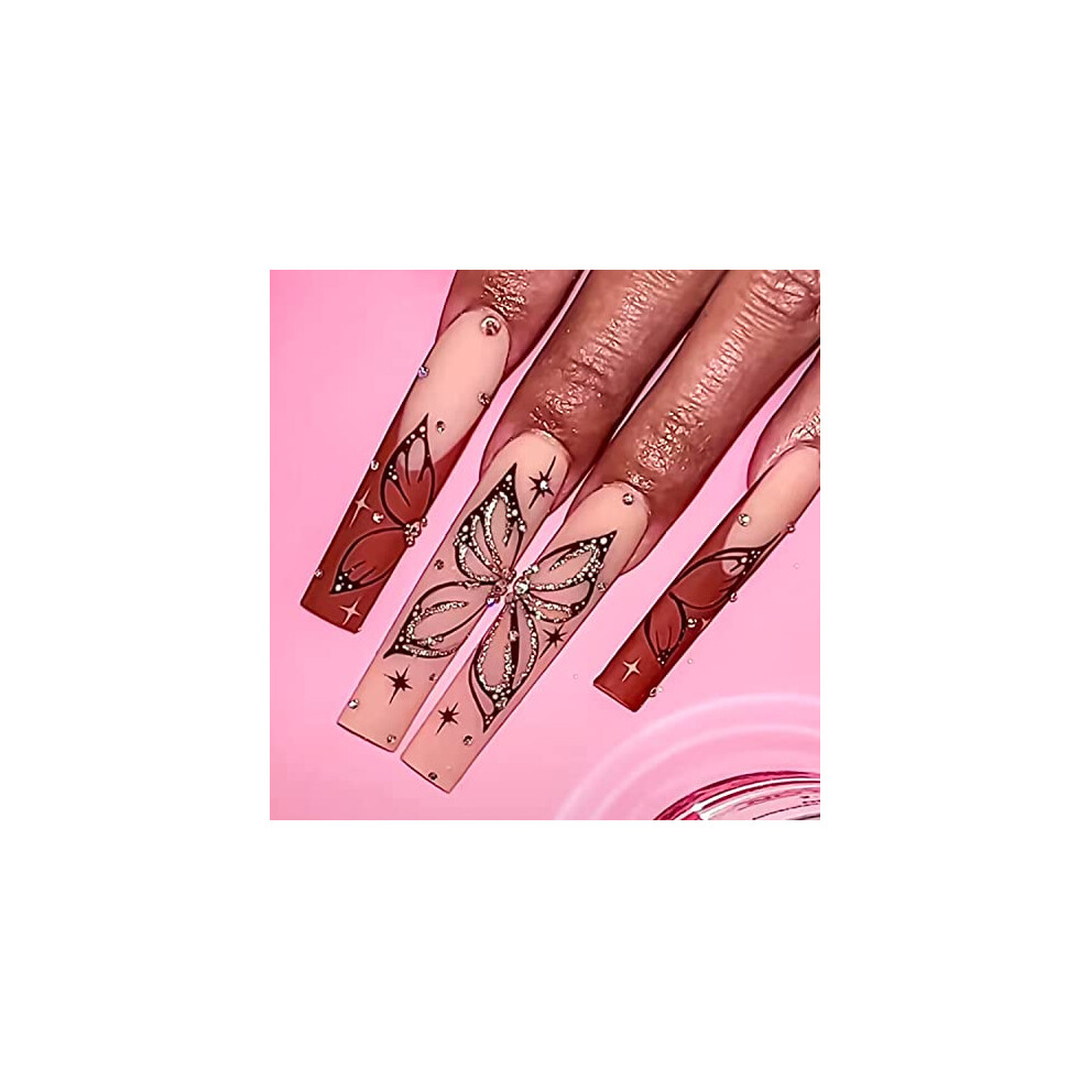 Long Coffin Press On Nails with Butterfly Design and Rhinestones, 24 Pcs Reusable Matte Set
