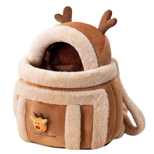 Plush Pet Carrier Backpack with Breathable Warm Design for Cats and Small Dogs, Elk Pattern 37x28x24cm